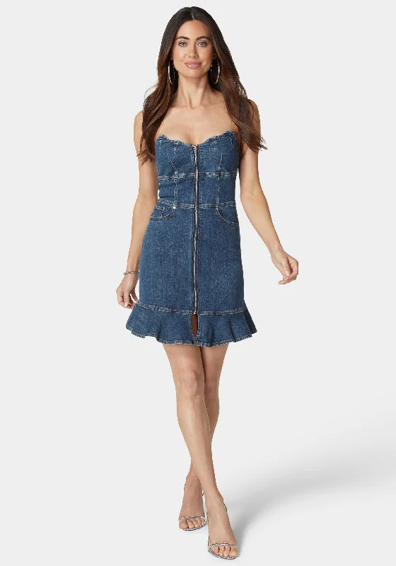 Scalloped Neckline Zip Up Denim Dress