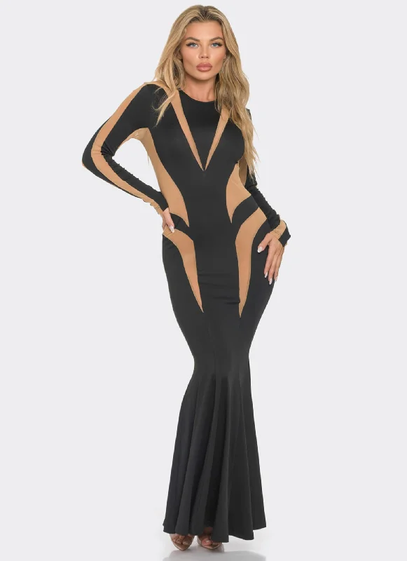 Mesh Color Block Long Sleeve Maxi Dress