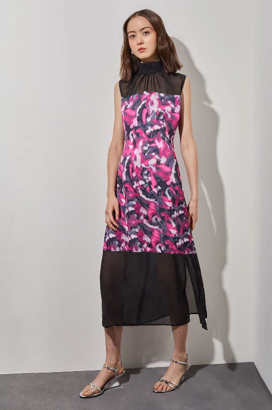 Midi Sheath Dress - Gathered Mock Neck Floral Woven