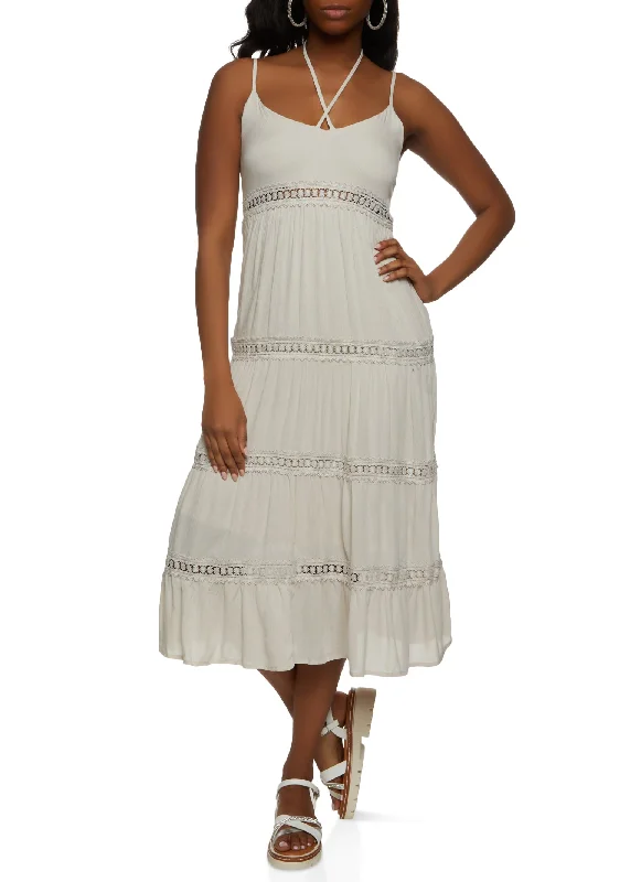 Gauze Knit Crochet Detail Tiered Maxi Dress