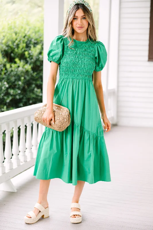 No Limits Green Smocked Midi Dress