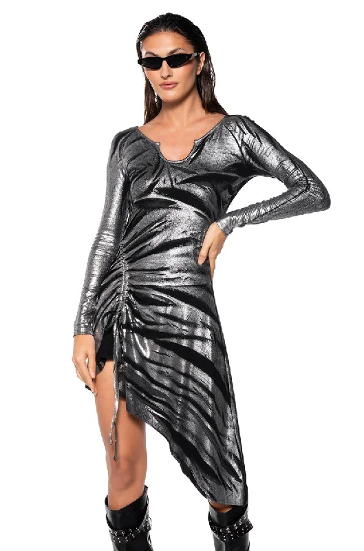 NOT A CASUAL GIRL METALLIC KNIT ASYMMETRICAL MINI DRESS