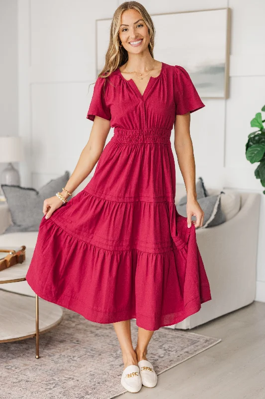 NURSING COLLECTION: It's In The Air Burgundy Red Tiered Midi Dress