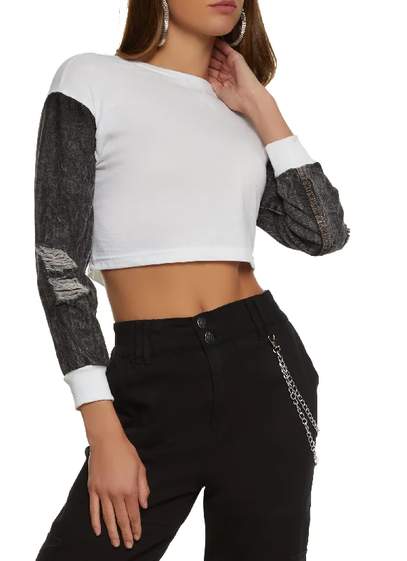 Denim Sleeve Laser Cut Back Crop Top