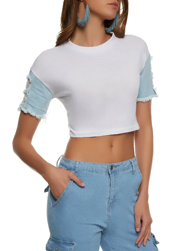 Distressed Denim Short Sleeve Crop Top