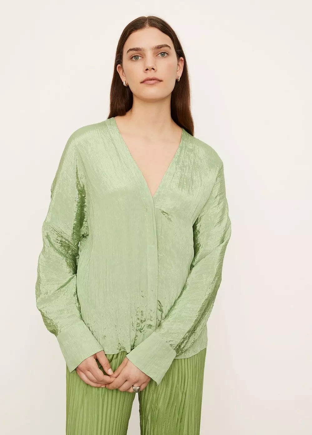 Long Sleeve Double V Neck Blouse - Pistachio