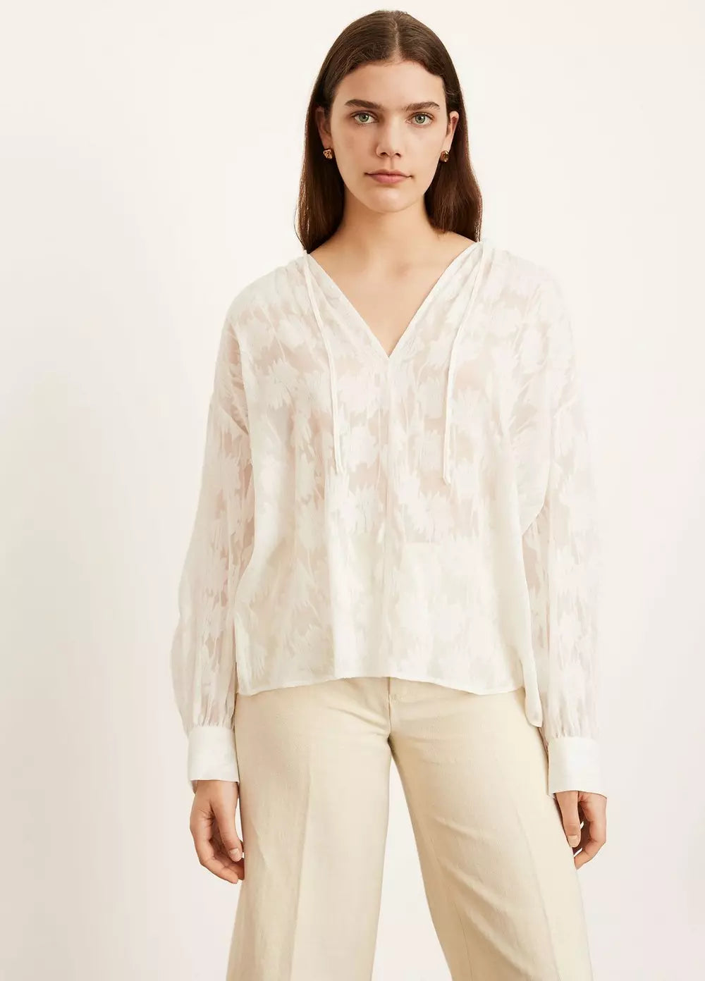 Shirred Band Collar Blouse - Off White