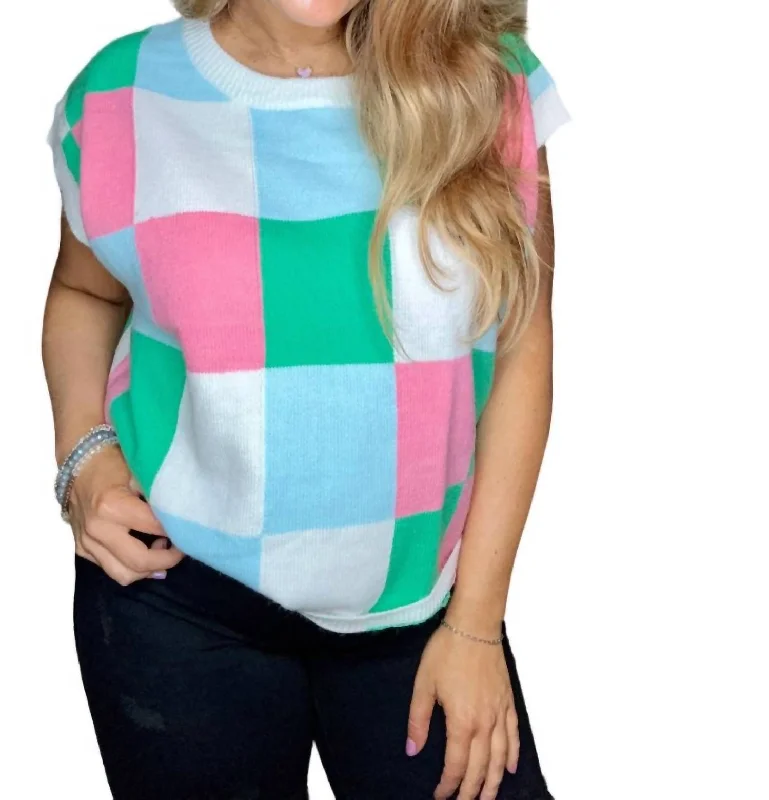 Call Me Checkers Sweater In Jade/pink/denim