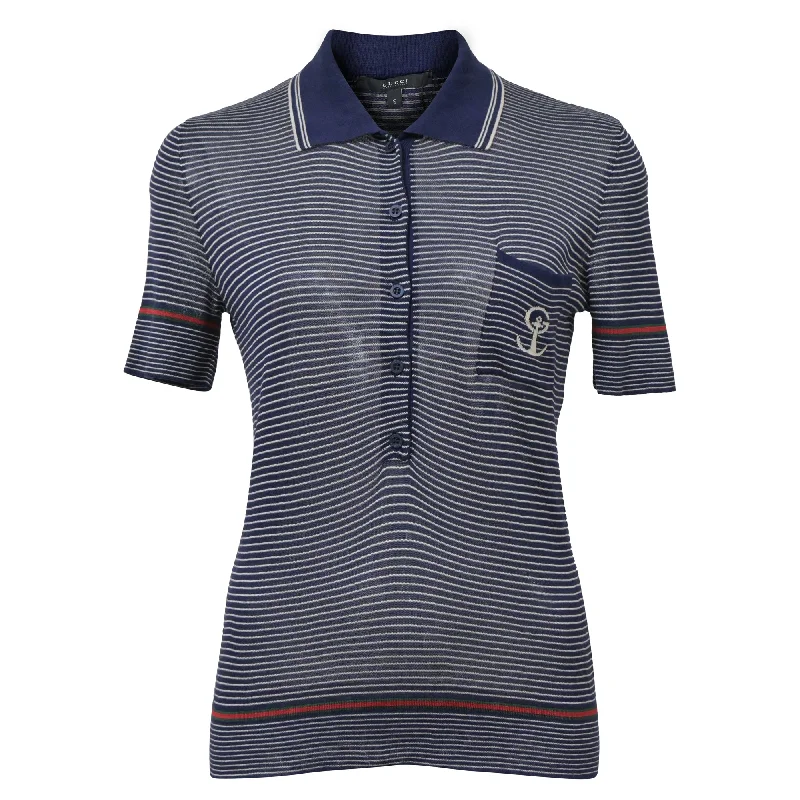 Gucci Striped Knit Polo Shirt in Navy Blue Silk