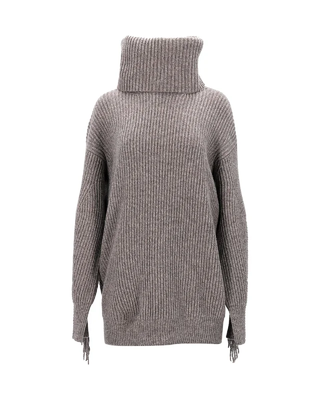 Stella McCartney Turtleneck Fringed Sweater in Grey Cashmere