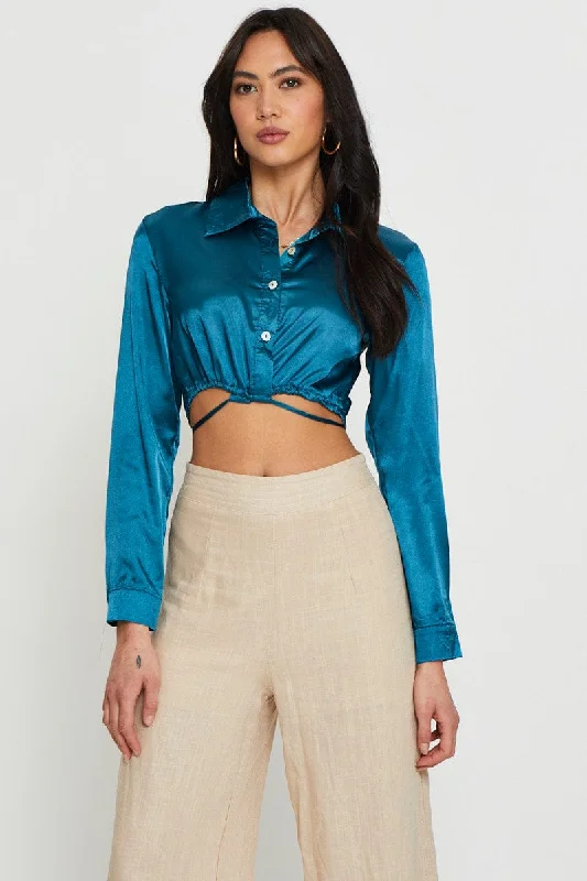 Blue Wrap Blouse Long Sleeve Collared Satin