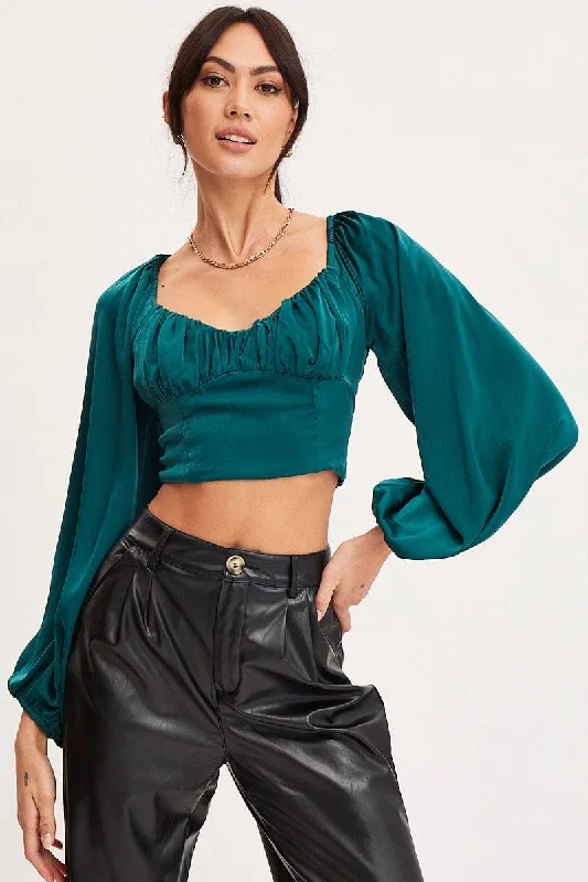 Green Puff Sleeve Top Long Sleeve Crop Satin