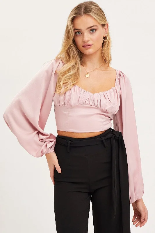 Pink Puff Sleeve Top Long Sleeve Crop Satin