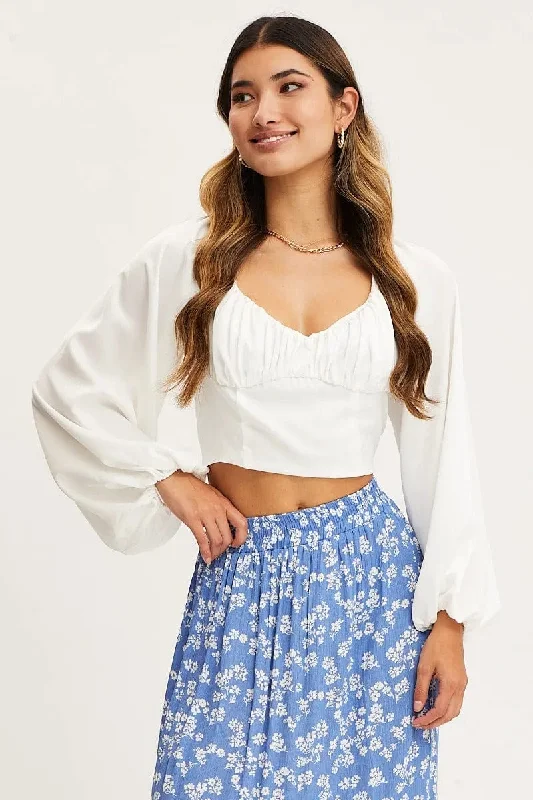 White Puff Sleeve Top Long Sleeve Crop Satin