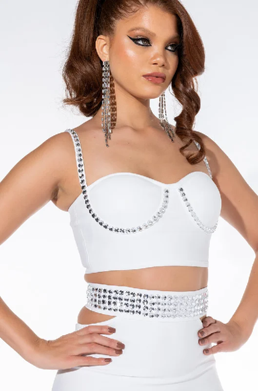 COME GET IT RHINESTONE BANDAGE CROP TOP WHITE