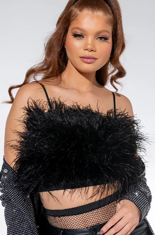 REAL OSTRICH FEATHERS CROP MESH BANDEAU BLACK