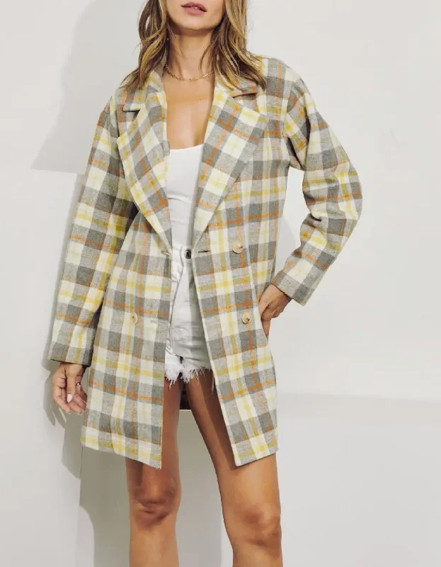 Double-Breasted Oversized Checked Coat In Cream