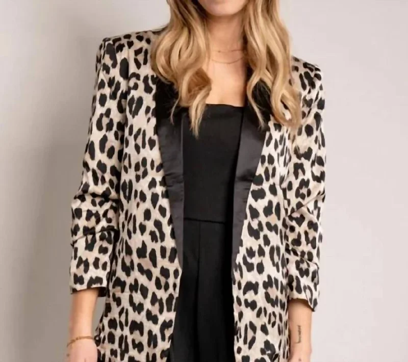 Plus Leopard Satin Blazer In Taupe