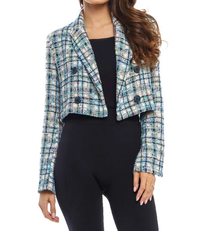 Tweed Crop Double Breasted Jacket In Blue Multi